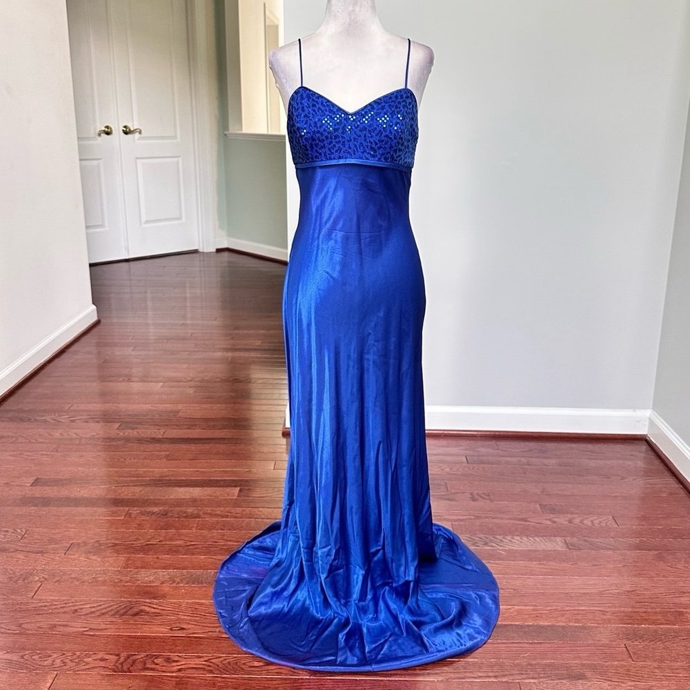 Vintage De Laru Royal Blue Glitter Cheetah Leopard Sequin Satin Gown Dress 7/8